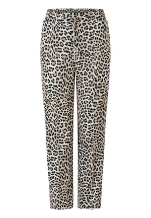 Pantaloni con stampa leopardata realizzati in tessuto morbido, dotati di vita elasticizzata e coulisse. Design a gamba dritta con colori nero e beige.