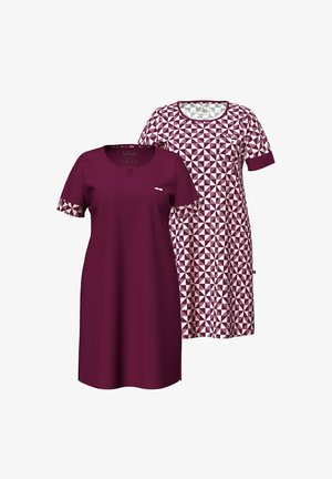 Zwei kurzärmelige Nachthemden, eines uni bordeaux mit gemusterten Manschetten, das andere weiß mit einem bordeauxfarbenen geometrischen Muster, beide mit Brusttaschen.