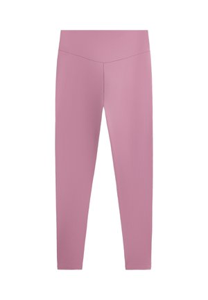 Leggings roses unis, taille haute et longueur intégrale, avec une finition lisse, sans motifs ni poches visibles.