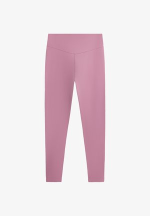 Hoch taillierte, durchgehende rosa Leggings mit glatter Oberfläche und ohne sichtbare Muster oder Taschen.