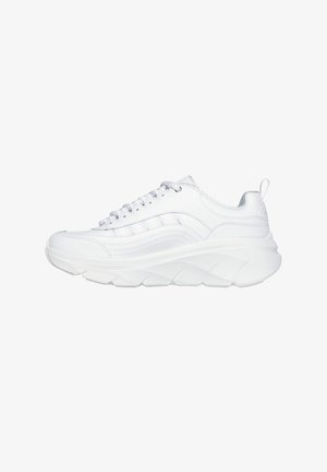 White athletic sneakers with a smooth leather upper, textured design, thick sole, and shoelace closure. Features subtle accents on the sides.