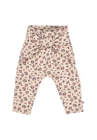 Cream-colored leggings with a floral pattern in pink and green. Features a gathered waist with a bow detail. Lightweight, stretchy fabric.