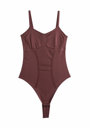Burgunderfärgad bodysuit gjord av mjukt tyg, med justerbara remmar, vadderade kupor, ribbad textur och tryckknappslås i botten.