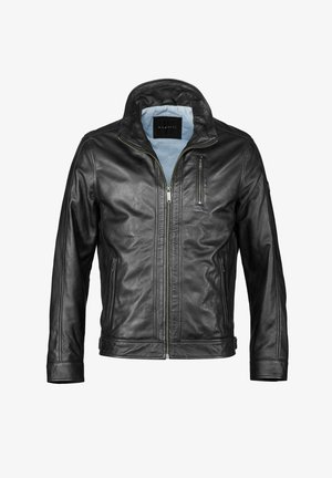 Giacca in pelle nera con colletto alto, zip frontali e tasche laterali. Presenta una texture liscia e un design minimalista. Interno foderato.