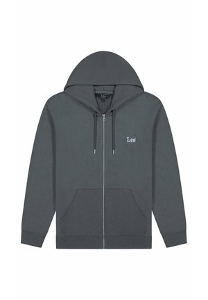 Dunkelgrauer Kapuzenpullover mit Reißverschluss, Vordertaschen, verstellbarer Kordelzugkapuze und kleinem weißen "Lee"-Logo auf der linken Brust.