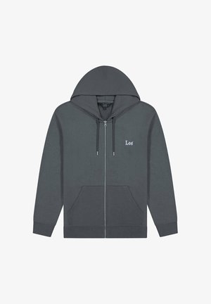 Mørkegrå lynlåshættetrøje med frontlommer, justerbar snøre i hætten og lille hvid "Lee"-logo på venstre bryst.
