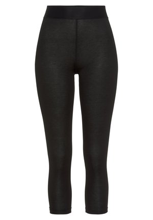 Schwarze Leggings aus einem weichen, dehnbaren Material. Mit einem hohen Taillenbund und einer glatten Textur, enden sie bis zur Mitte der Wade.