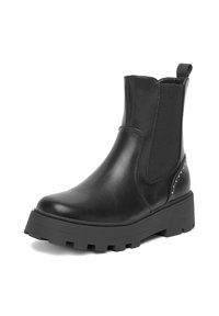 Černá kožená kotníková bota s elastickými postranními panely, robustní gumovou podrážkou a stříbrnými hřebíky na patě. Hladký povrch, minimalistický design.