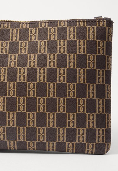 Brown textured leather pouch with a repeating tan geometric pattern. Features a zipper closure along the top edge.