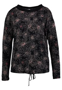 Schwarzes Langarmshirt mit floralem Muster in Pink und Weiß, mit entspanntem Ausschnitt und verstellbarem Kordelzug am Saum.