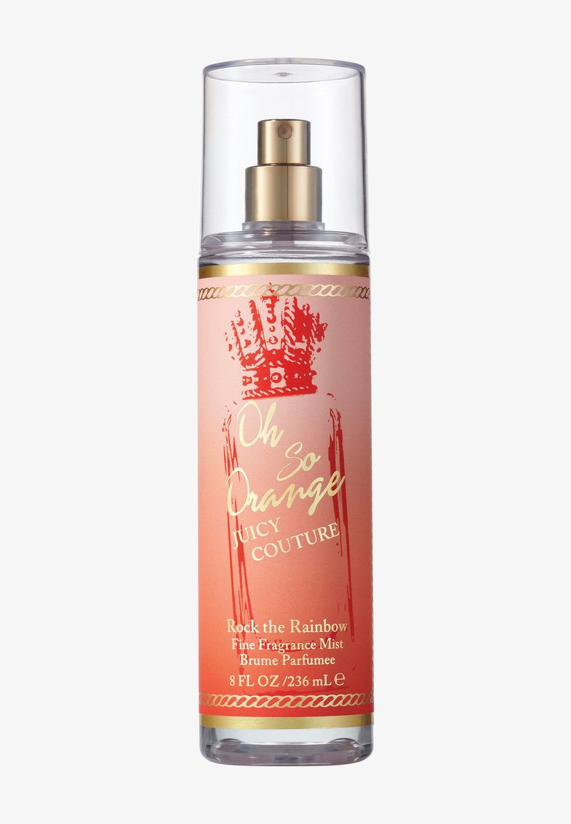 Bouteille de brume parfumée dans un design de pulvérisation transparent. L'étiquette en dégradé orange présente un texte doré et un graphique de couronne. Capacité de 8 fl oz.