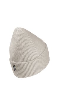 Beanie in maglia ribbed beige con punta e orlo piegato. Presenta una piccola etichetta nera sul lato vicino all'orlo.