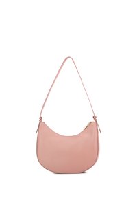 Borsa a spalla in pelle rosa con forma arrotondata, tracolla singola e chiusura con zip. Texture liscia con dettagli di grana delicata. Accenti in hardware oro.