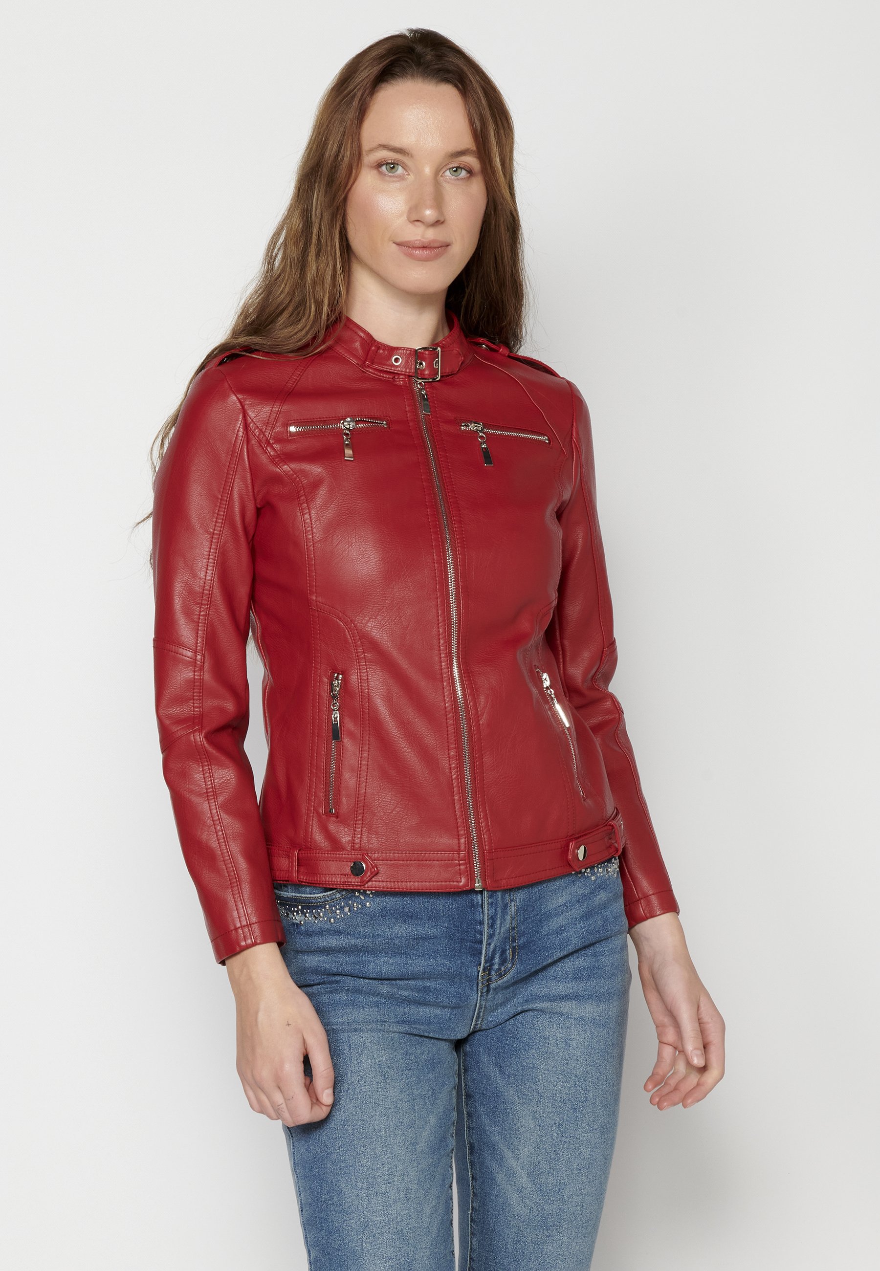 Veste Chemisier En Cuir Véritable Rouge - Taille 38/40, état Neuf, Vintage Fait Main