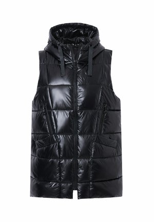 Gilet imbottito nero con cappuccio, caratterizzato da una finitura lucida e trapuntata, chiusura frontale con cerniera e due tasche laterali. Corde di regolazione presenti sul cappuccio.