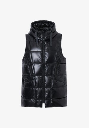 Gilet imbottito nero con cappuccio, caratterizzato da una finitura lucida e trapuntata, chiusura frontale con cerniera e due tasche laterali. Corde di regolazione presenti sul cappuccio.