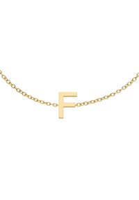Auksinė grandinėlė, turinti pakabuką, formuotą kaip raidė "F". Paprastas dizainas su lygiu paviršiumi ir sujungtų grandinių tekstūra.