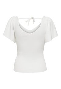 White ribbed short-sleeve top with puff sleeves, V-neckline, fitted waist, and back tie detail at the neckline.