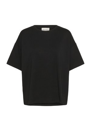 Čierne oversized tričko vyrobené z bavlny, s krátkymi rukávmi a okrúhlym výstrihom. Obsahuje malé logo na prednej strane.