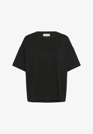 Fekete, oversize pamut póló, rövid ujjú és kerek nyakkivágással. Elöl egy apró logó részlet található.