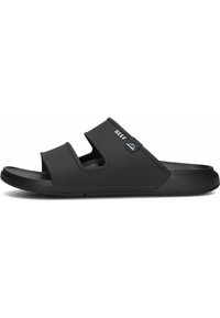 Zwarte slipper met een textuur bovenkant, een verstelbare band en een logo-accent. Duurzame rubberen zool ontworpen voor comfort en grip.