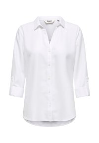 Chemise blanche à boutons avec col, manches longues retroussées aux poignets, et texture lisse. Dispose d'un ourlet incurvé et d'une patte de boutonnage avant.