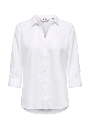 White button-up shirt with a collar, long sleeves rolled at the cuffs, and a smooth texture. Features a curved hem and front placket.