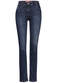 Jeans de mezclilla azul oscuro con un ajuste slim, que cuentan con un diseño clásico de cinco bolsillos y detalles de costura sutiles en las costuras.