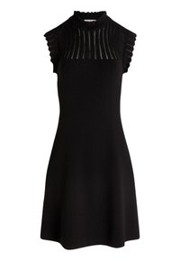 Black dress with a high neck, ribbed texture at the bodice, and ruffled cap sleeves. A-line silhouette, soft knit material. Simple design.
