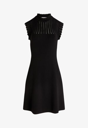 Schwarzes Kleid mit hohem Kragen, gerippter Textur am Oberteil und rüschigen Kap sleeves. A-Linie-Silhouette, weiches Strickmaterial. Schlichtes Design.