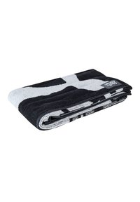 Black and gray cotton towel, featuring a bold abstract pattern, neatly folded with a sewn edge and a small logo tag on one side.