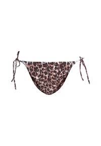 Bikini-Höschen mit Leopardenmuster und Bändern an den Seiten, mit glatter Textur und geschwungener Form. Die Farbe variiert zwischen Braun und Creme.