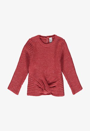 Maglione rosso a coste con maniche lunghe, scollo tondo e dettaglio frontale con nodo twist, adatto ai bambini.