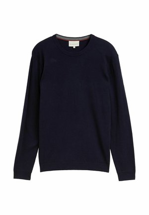 Námornícky modrý sveter s dlhým rukávom a okrúhlym výstrihom, so zelenej manžetou a lemovaním, veľkosť veľká, značky Tom Tailor.