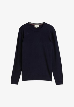 Námornícky modrý sveter s dlhým rukávom a okrúhlym výstrihom, so zelenej manžetou a lemovaním, veľkosť veľká, značky Tom Tailor.