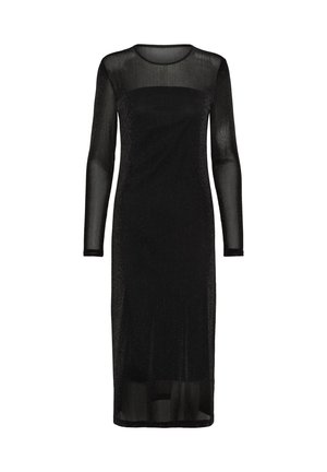 Melnas midi kleitas ar garām caurspīdīgām piedurknēm, caurspīdīgu augšējo krūšu daļu, pieguļoša silueta un smalka spīduma visā audumā.