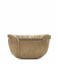 Borsa in ecopelle dorata con forma arrotondata, dotata di una tasca con zip nella parte anteriore e una superficie liscia. Design compatto con uno stile minimalista.