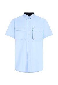 Light blue short-sleeve shirt with a button-down collar, two front pockets, and a logo detail. Smooth cotton material, straight hem.