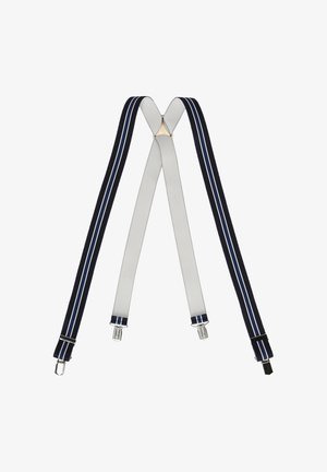 Navy and white striped suspenders feature adjustable clips, a smooth texture, and a classic design, forming an 'X' at the back.