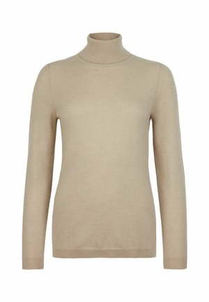 Beige långärmad polotröja med ribbade manschetter och krage, figurnära stil, enfärgad stickad tyg.