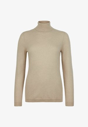 Beige långärmad polotröja med ribbade manschetter och krage, figurnära stil, enfärgad stickad tyg.