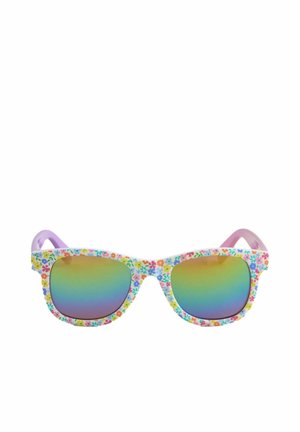 Children’s sunglasses with white frames covered in colorful floral patterns and reflective rainbow-tinted lenses.