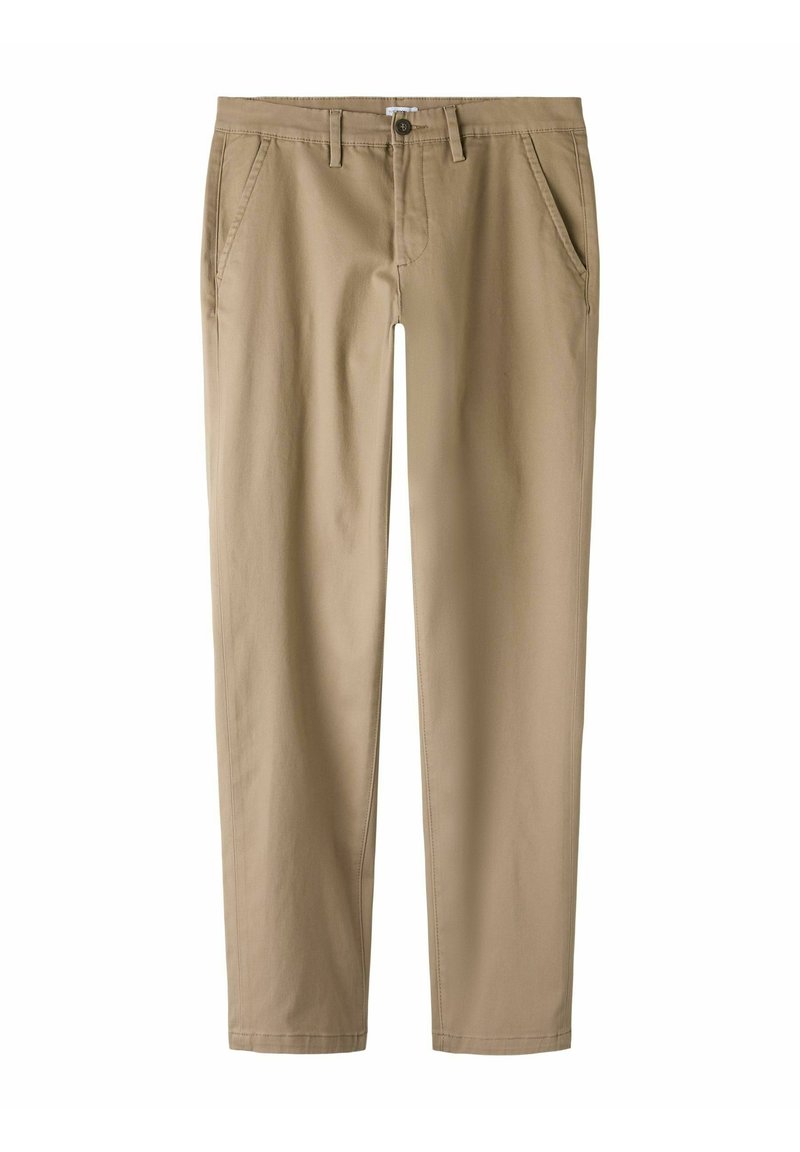 Pantalons beige à jambes droites avec poches avant, passants de ceinture, fermeture à bouton et zip sur fond blanc.