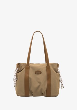 Beige Segeltuchtasche mit braunen Lederriemen, verziert mit Seilakzenten und einem mittigen Logopatch. Weiches, geräumiges Design mit entspanntem Finish.