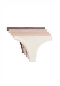 Hat darabos tangakészlet különböző árnyalatokban: sötétbarna, taupe, világos rózsaszín, lágy rózsaszín, krém. Simább anyag, minimalista dizájn.