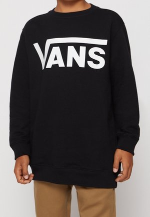 Sweatshirt noir avec un grand logo blanc "VANS" sur la poitrine, à manches longues et coupe décontractée. Texture de coton lisse.