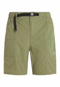 Maslinasto zeleni cargo šortsevi napravljeni od lagane tkanine, s elastičnim pojasom i remenom, bočnim džepovima i otisnutim planinskim logotipom.