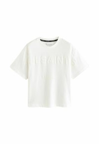 Bílá bavlněná tričko s mírně zvýšeným textem "ALLSAINTS" a "LONDON." Krátké rukávy a kulatý výstřih, s hladkým povrchem a volným střihem.