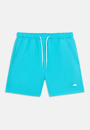 Shorts turquoise vif avec ceinture élastique, cordons blancs, poches latérales et un petit logo blanc sur la jambe gauche.