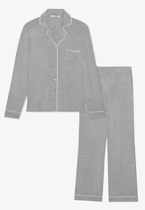 Gray cotton pajama set with a button-up long-sleeve shirt featuring a chest pocket, white piping, and matching drawstring pants.